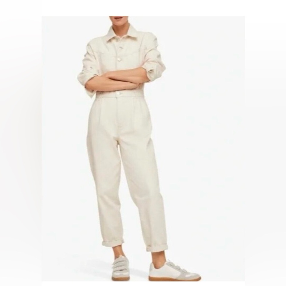 Mango Cream Button-Front Utility Jumpsuit
